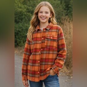 Cat & Jack Orange Plaid Button Front Shacket Jacket Youth XL (14/16)